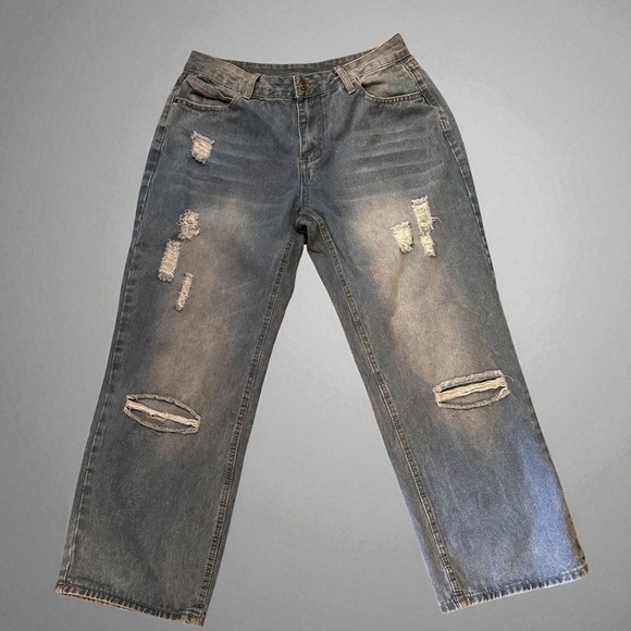 Womens Size Large Distressed Wide Leg Baggy Retro Jeans Slight Stretch Blue - Picture 1 of 12